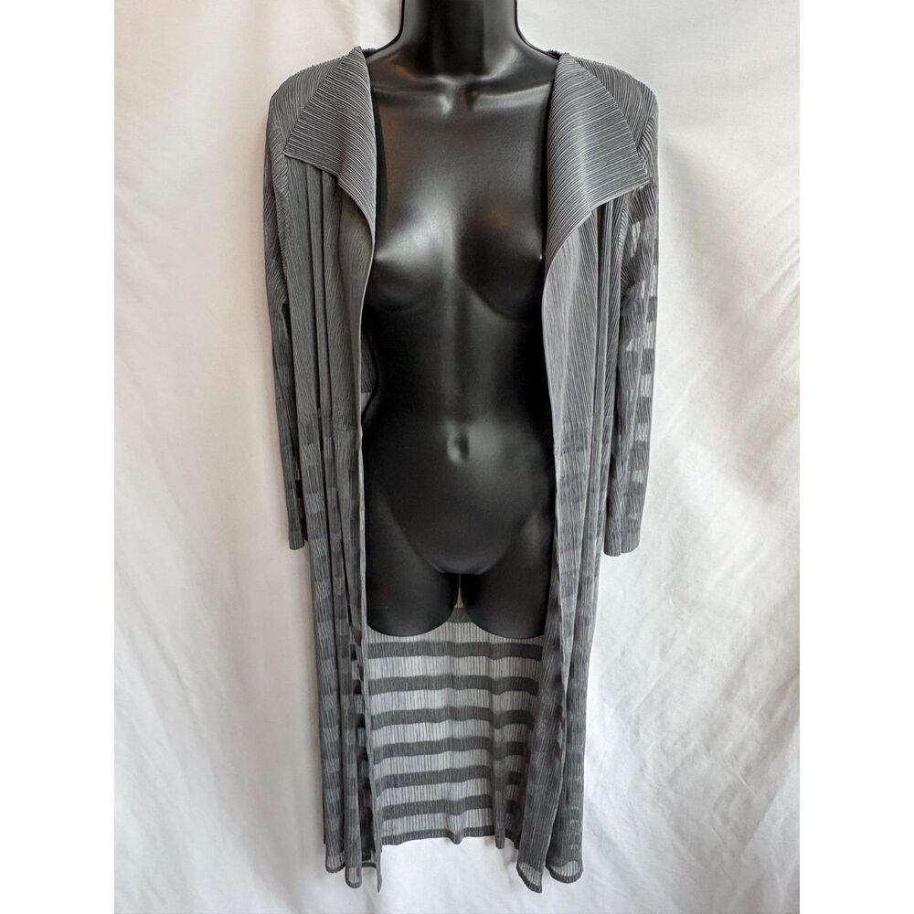 Long Open-Front Ribbed Duster Coat in Gray